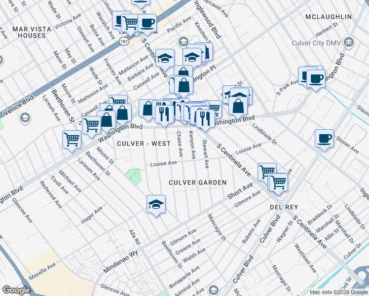 map of restaurants, bars, coffee shops, grocery stores, and more near 4156 Chase Avenue in Los Angeles
