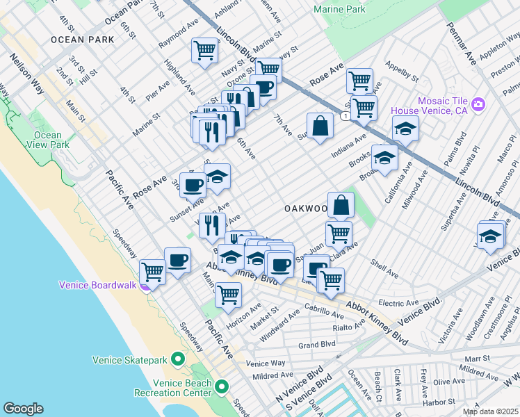 map of restaurants, bars, coffee shops, grocery stores, and more near 522 Indiana Avenue in Los Angeles