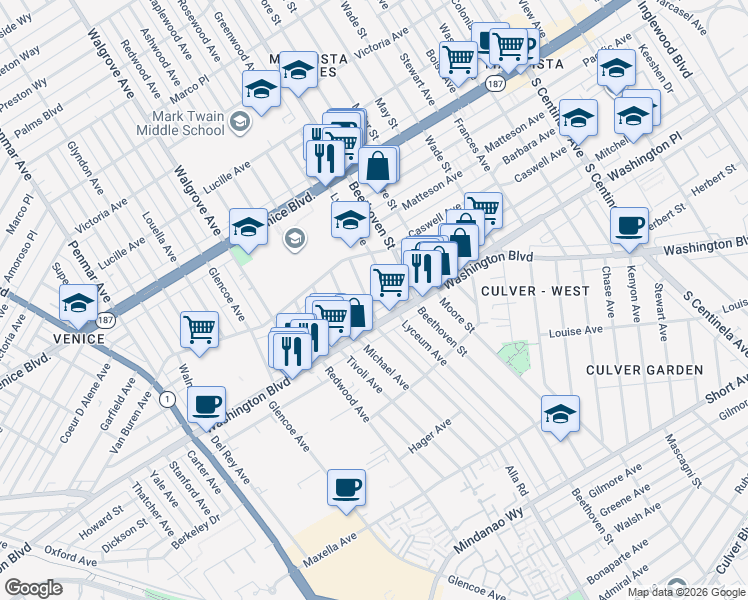 map of restaurants, bars, coffee shops, grocery stores, and more near 3962 Alla Road in Los Angeles