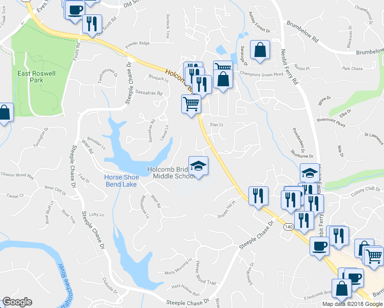 map of restaurants, bars, coffee shops, grocery stores, and more near 345 Riversong Way in Alpharetta