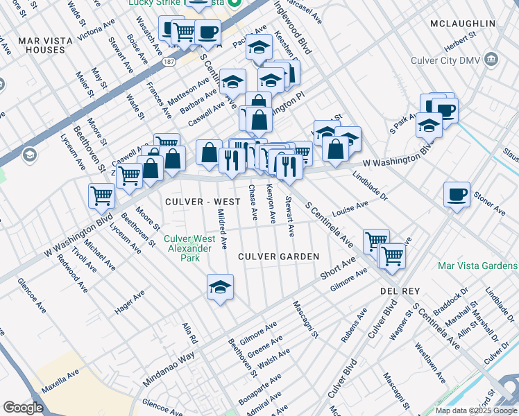 map of restaurants, bars, coffee shops, grocery stores, and more near 4156 Chase Avenue in Los Angeles