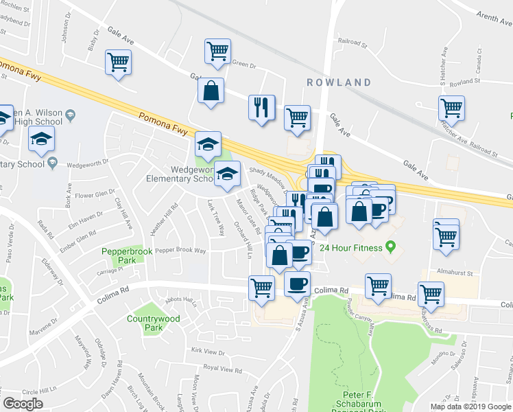 map of restaurants, bars, coffee shops, grocery stores, and more near 17032 Ridge Park Drive in Hacienda Heights