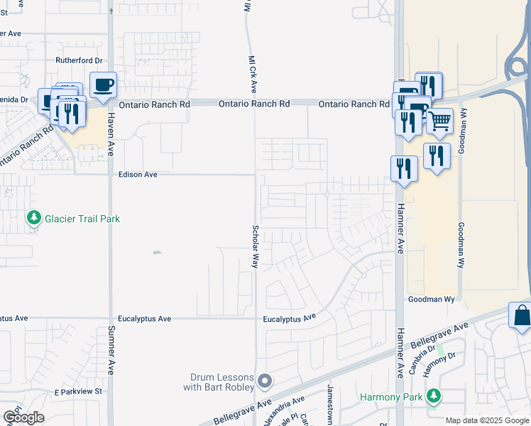map of restaurants, bars, coffee shops, grocery stores, and more near 3909 East Coronado Privado in Ontario