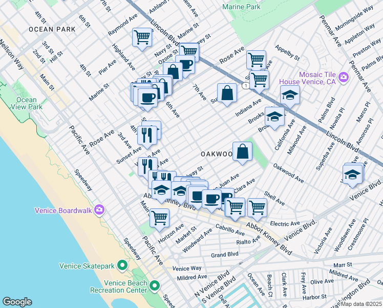 map of restaurants, bars, coffee shops, grocery stores, and more near 547 Brooks Avenue in Los Angeles