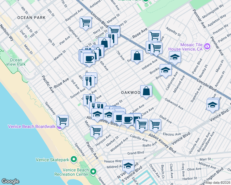 map of restaurants, bars, coffee shops, grocery stores, and more near 547 Brooks Avenue in Los Angeles