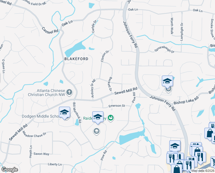 map of restaurants, bars, coffee shops, grocery stores, and more near 1845 Beckett Drive in Marietta