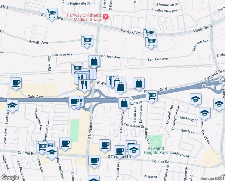 map of restaurants, bars, coffee shops, grocery stores, and more near 19161 East Walnut Drive North in City of Industry
