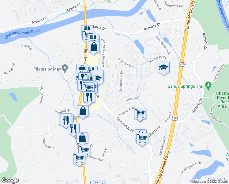 map of restaurants, bars, coffee shops, grocery stores, and more near 175 North River Drive in Sandy Springs