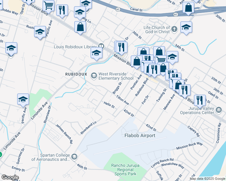 map of restaurants, bars, coffee shops, grocery stores, and more near in Riverside