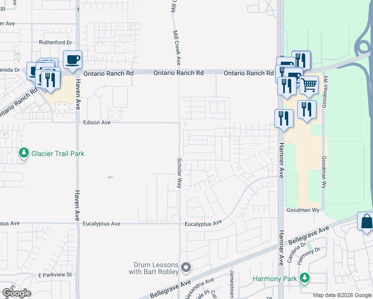 map of restaurants, bars, coffee shops, grocery stores, and more near 14162 Scholar Way in Ontario