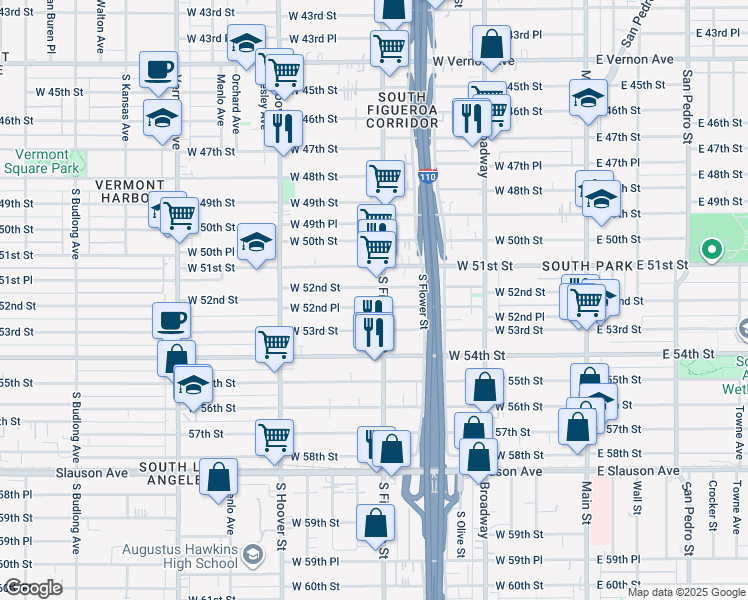 map of restaurants, bars, coffee shops, grocery stores, and more near 5124 South Figueroa Street in Los Angeles