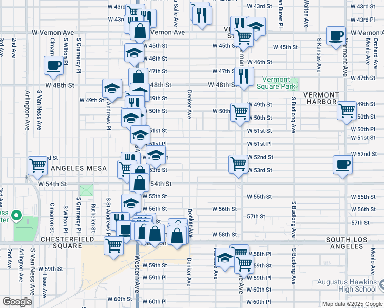 map of restaurants, bars, coffee shops, grocery stores, and more near 1611 West 51st Place in Los Angeles