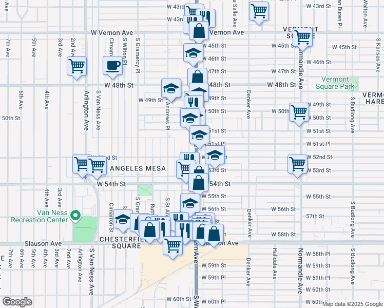 map of restaurants, bars, coffee shops, grocery stores, and more near 5101 South Western Avenue in Los Angeles