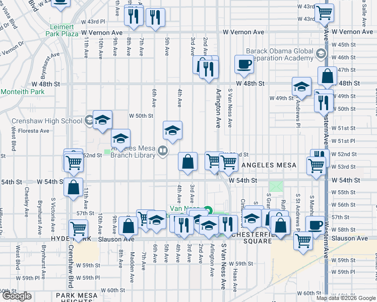 map of restaurants, bars, coffee shops, grocery stores, and more near 5128 3rd Avenue in Los Angeles