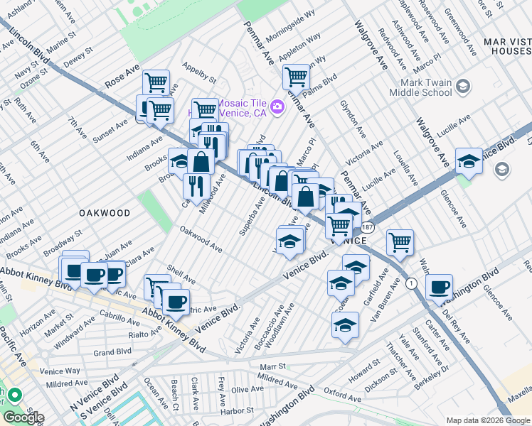 map of restaurants, bars, coffee shops, grocery stores, and more near 1609 Lincoln Boulevard in Los Angeles