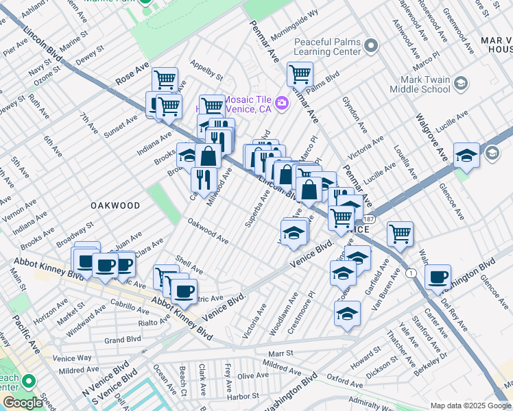 map of restaurants, bars, coffee shops, grocery stores, and more near 1609 Lincoln Boulevard in Los Angeles