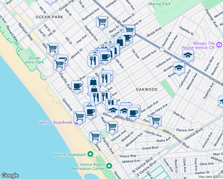 map of restaurants, bars, coffee shops, grocery stores, and more near 360 Hampton Drive in Los Angeles