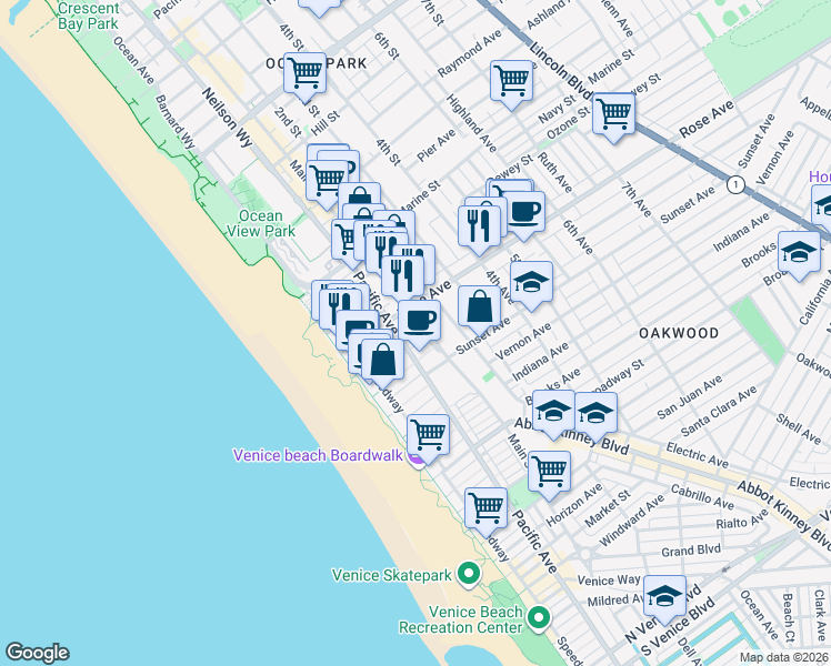 map of restaurants, bars, coffee shops, grocery stores, and more near 200 Rose Avenue in Los Angeles