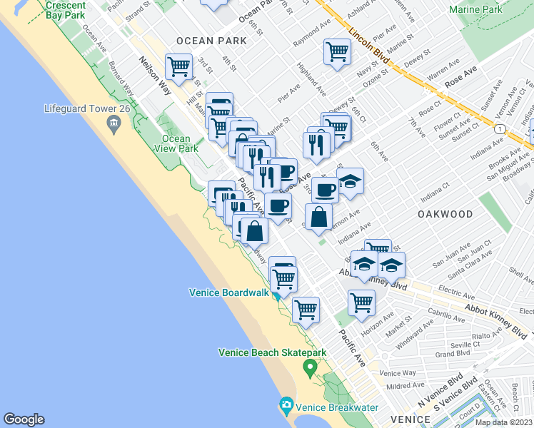 map of restaurants, bars, coffee shops, grocery stores, and more near 200 Rose Avenue in Los Angeles