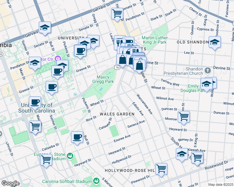 map of restaurants, bars, coffee shops, grocery stores, and more near 1731 Wheat Street in Columbia