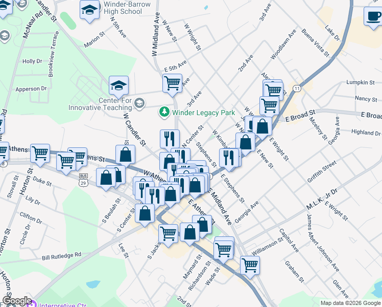 map of restaurants, bars, coffee shops, grocery stores, and more near 112 Woodlawn Avenue in Winder