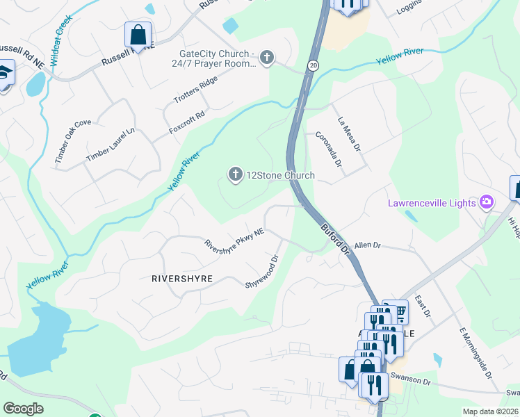 map of restaurants, bars, coffee shops, grocery stores, and more near 1234 Riverloch Way in Lawrenceville