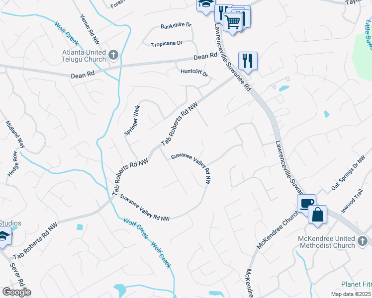 map of restaurants, bars, coffee shops, grocery stores, and more near 1939 Suwanee Valley Road Northwest in Lawrenceville