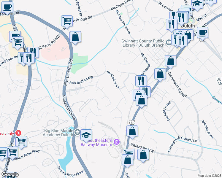 map of restaurants, bars, coffee shops, grocery stores, and more near 3543 Benthollow Way in Duluth