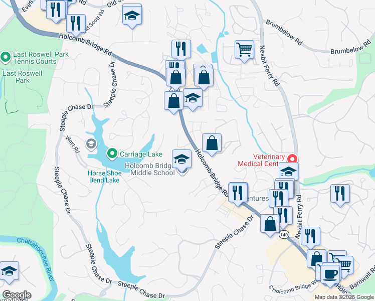 map of restaurants, bars, coffee shops, grocery stores, and more near 155 Riversong Drive in Alpharetta