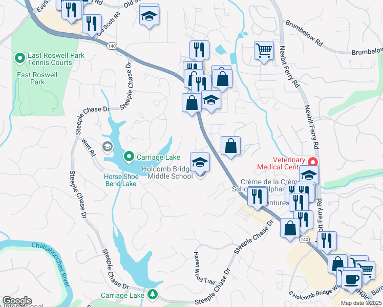 map of restaurants, bars, coffee shops, grocery stores, and more near 345 Riversong Way in Alpharetta