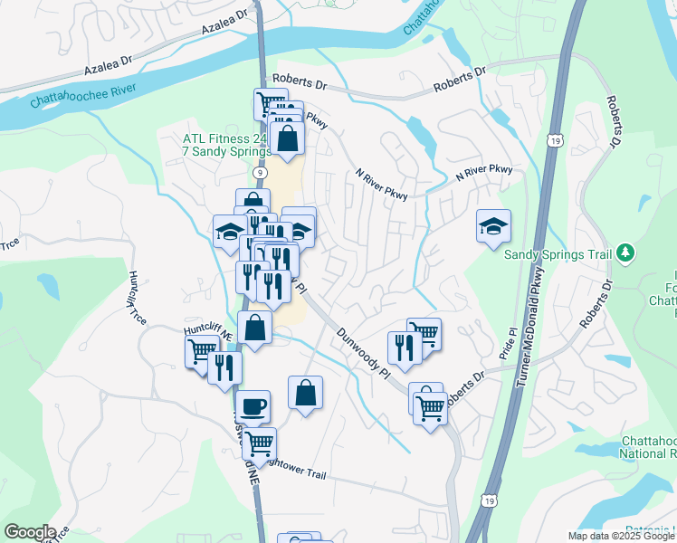 map of restaurants, bars, coffee shops, grocery stores, and more near 304 Sandalwood Drive in Sandy Springs