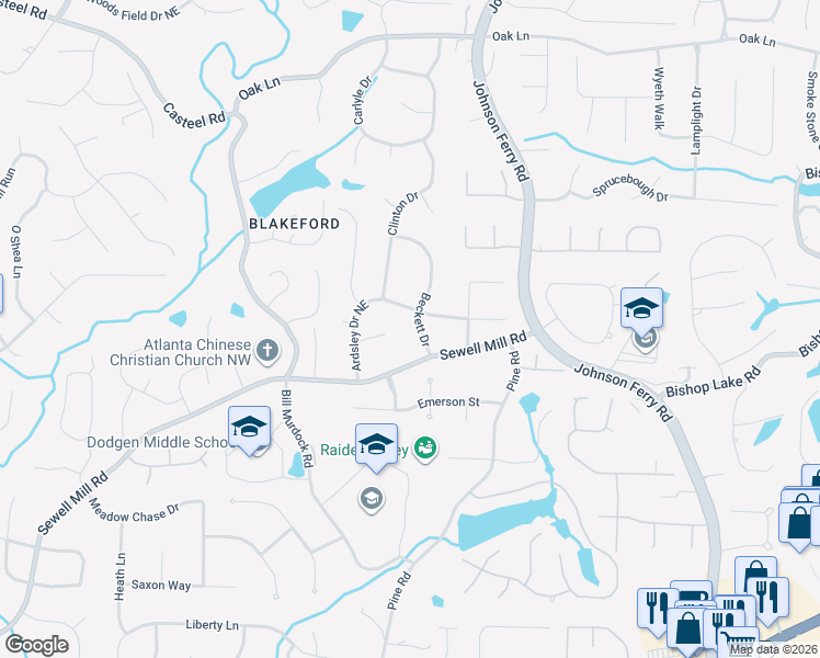 map of restaurants, bars, coffee shops, grocery stores, and more near 1845 Beckett Drive in Marietta