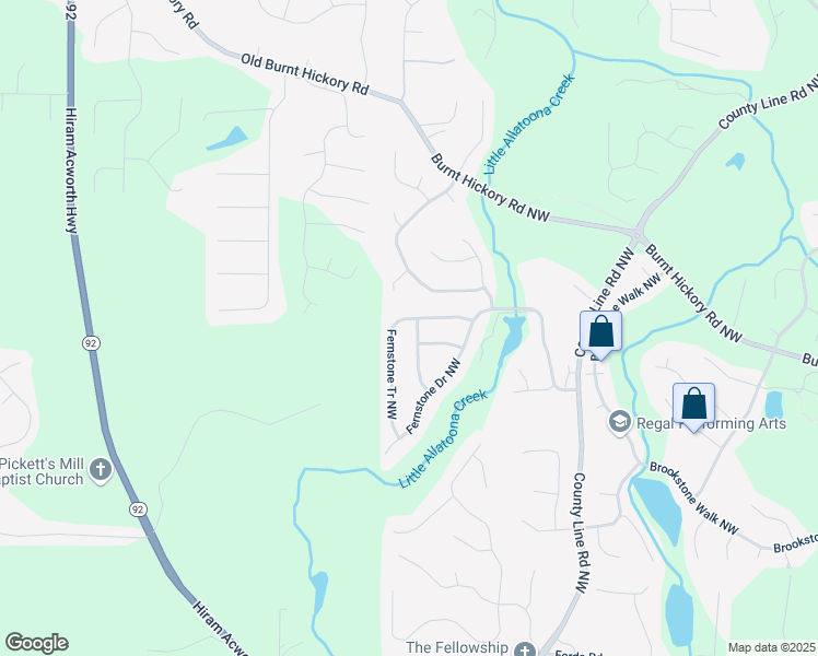 map of restaurants, bars, coffee shops, grocery stores, and more near 6263 Fernstone Tr Northwest in Acworth