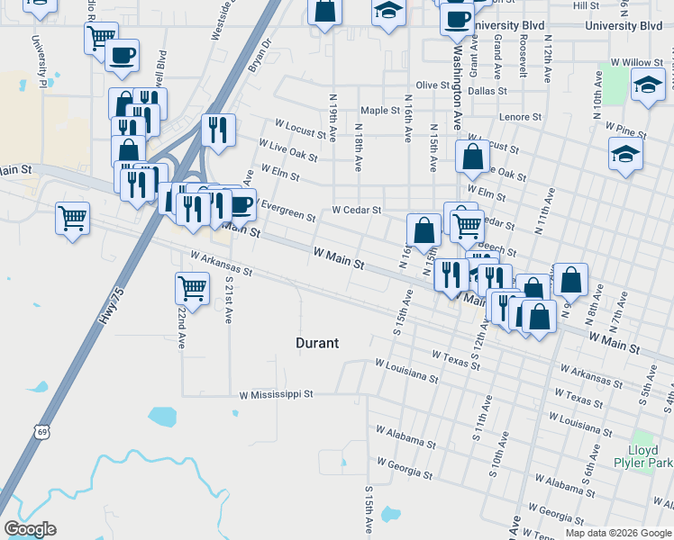 map of restaurants, bars, coffee shops, grocery stores, and more near 1816 West Main Street in Durant
