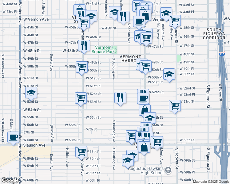map of restaurants, bars, coffee shops, grocery stores, and more near 1159 West 52nd Street in Los Angeles
