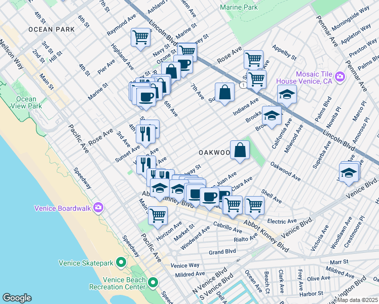 map of restaurants, bars, coffee shops, grocery stores, and more near 547 Brooks Avenue in Los Angeles