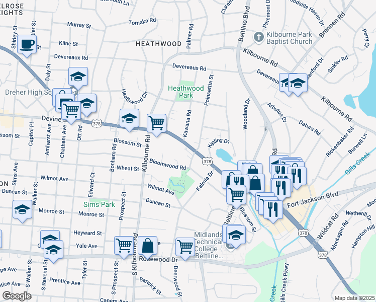 map of restaurants, bars, coffee shops, grocery stores, and more near 709 Poinsettia Street in Columbia
