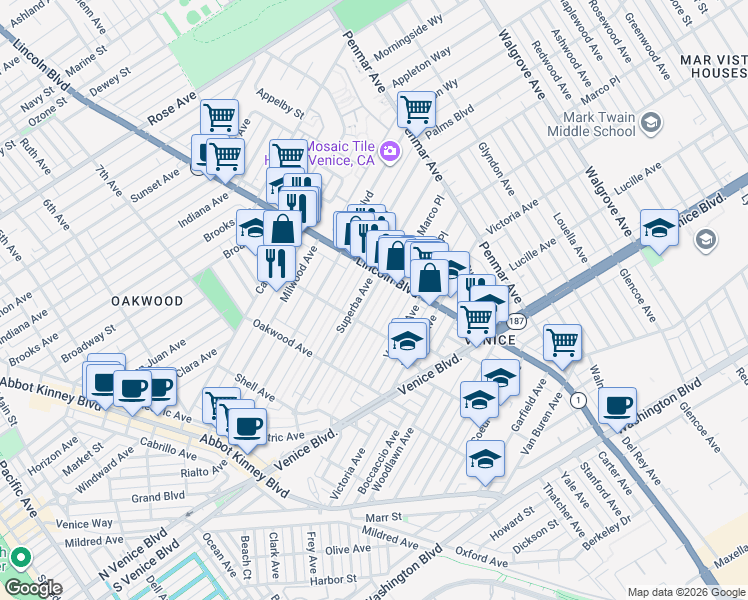map of restaurants, bars, coffee shops, grocery stores, and more near 1609 Lincoln Boulevard in Los Angeles