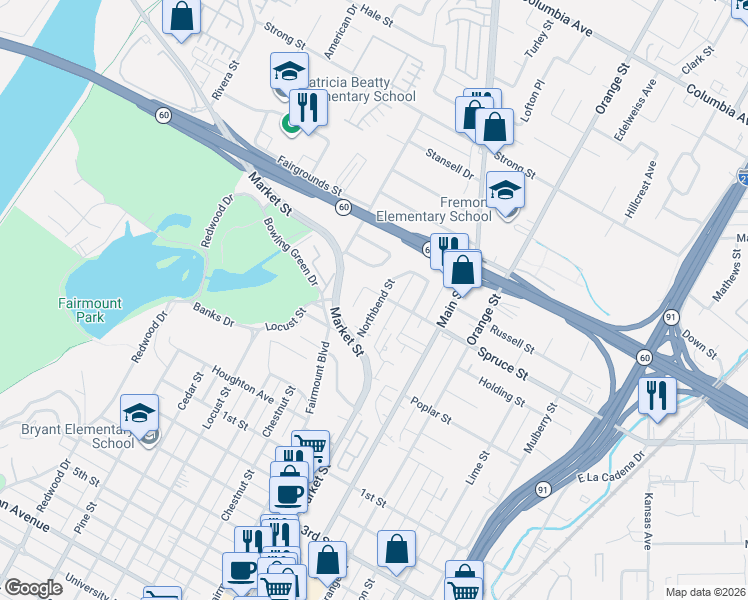 map of restaurants, bars, coffee shops, grocery stores, and more near 2427 Northbend Street in Riverside
