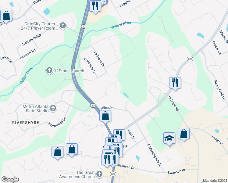 map of restaurants, bars, coffee shops, grocery stores, and more near 1148 Woodland Circle in Lawrenceville