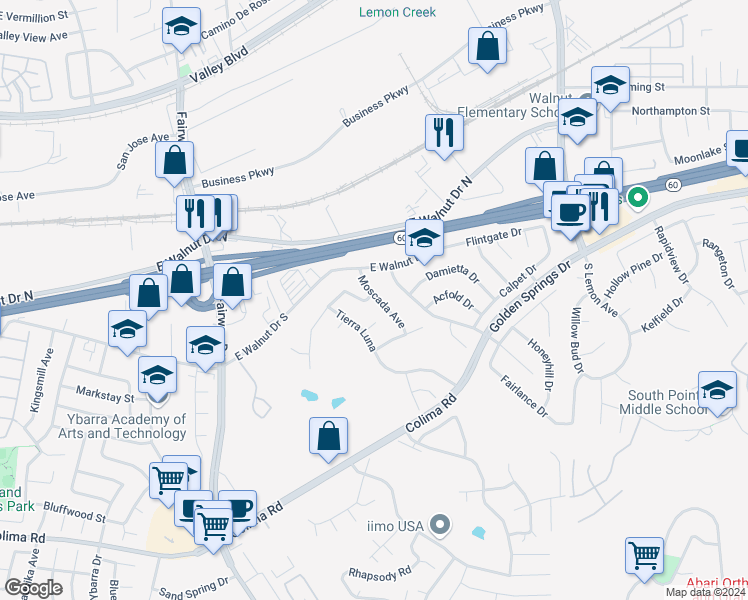 map of restaurants, bars, coffee shops, grocery stores, and more near 1141 Moscada Avenue in Walnut