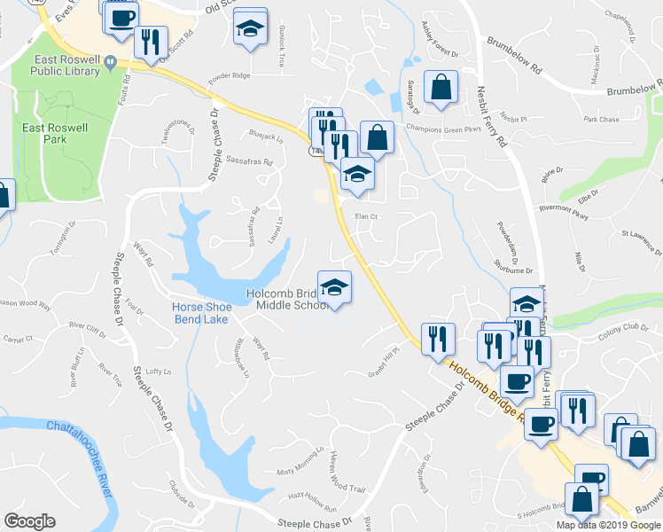 map of restaurants, bars, coffee shops, grocery stores, and more near 120 Riversong Dr in Alpharetta