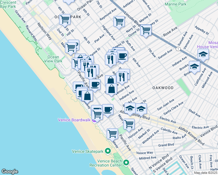 map of restaurants, bars, coffee shops, grocery stores, and more near 360 Hampton Drive in Los Angeles