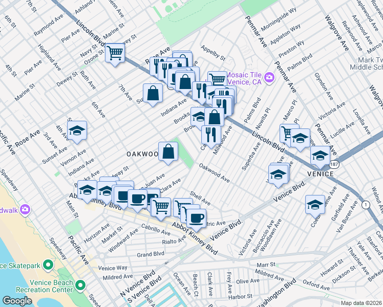 map of restaurants, bars, coffee shops, grocery stores, and more near 1024 Oakwood Avenue in Los Angeles