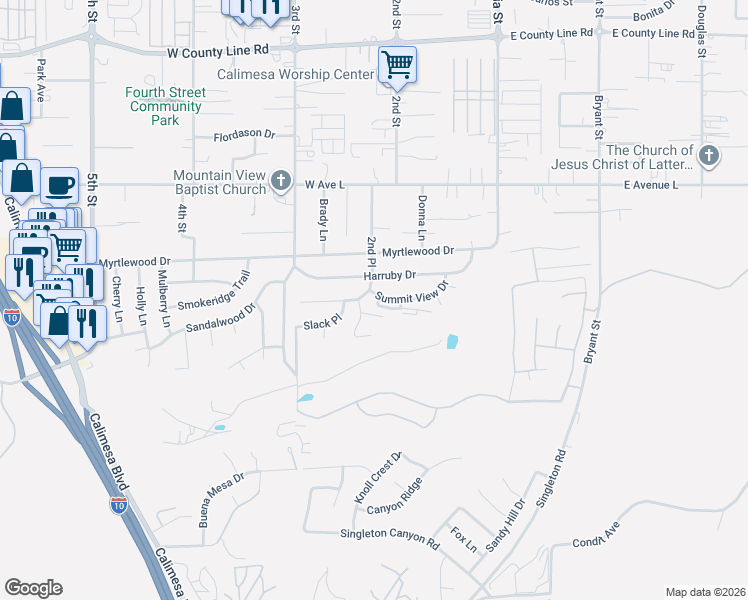 map of restaurants, bars, coffee shops, grocery stores, and more near 225 Summit View Drive in Calimesa
