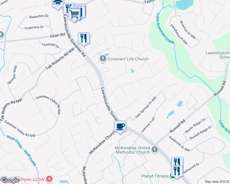 map of restaurants, bars, coffee shops, grocery stores, and more near 588 Hearth Place Northwest in Lawrenceville