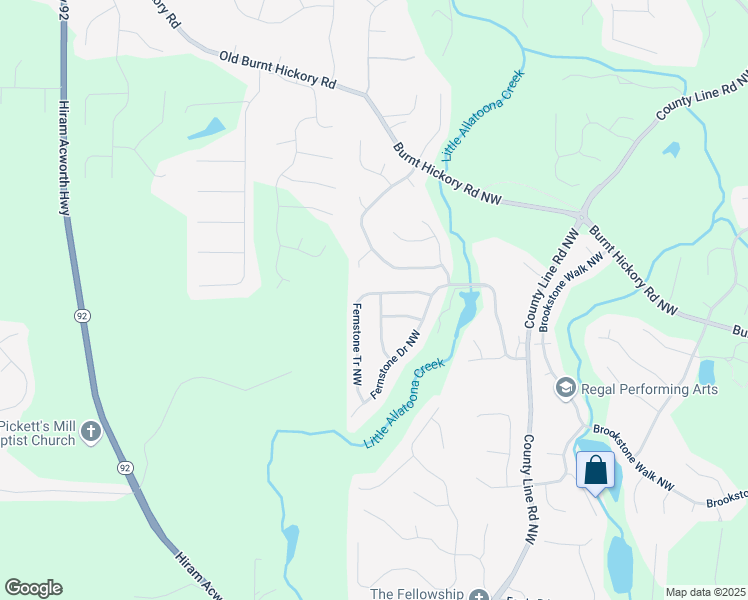 map of restaurants, bars, coffee shops, grocery stores, and more near 6263 Fernstone Tr Northwest in Acworth