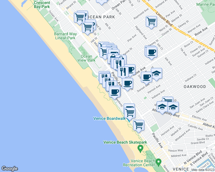 map of restaurants, bars, coffee shops, grocery stores, and more near 14 Ozone Avenue in Los Angeles