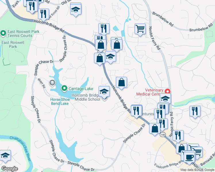 map of restaurants, bars, coffee shops, grocery stores, and more near 155 Riversong Drive in Alpharetta