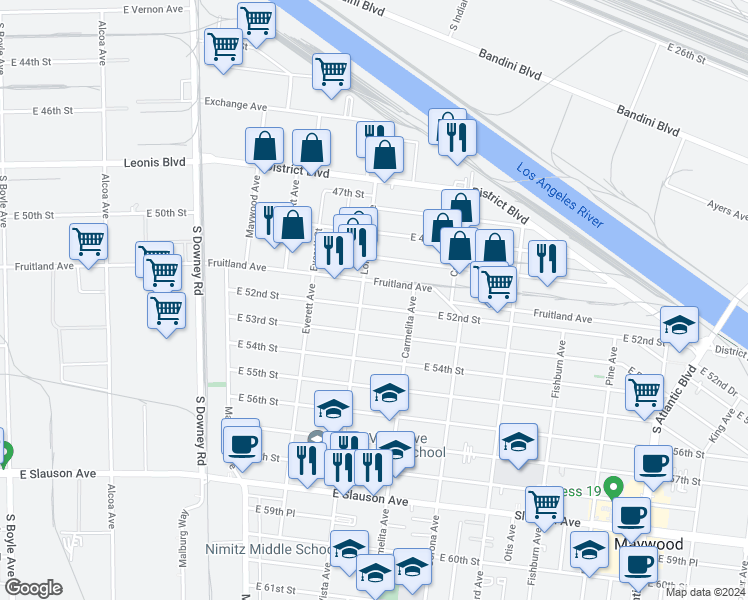 map of restaurants, bars, coffee shops, grocery stores, and more near 3715 East 52nd Street in Maywood